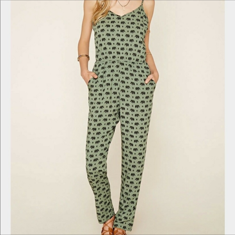 Forever 21 green elephant print jumpsuit